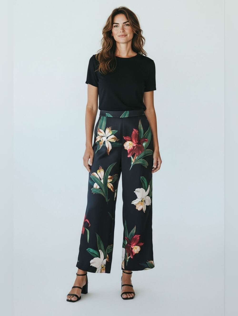 Chicos 2 Floral Wide-Leg Pants in Black Sz 12 WP260
